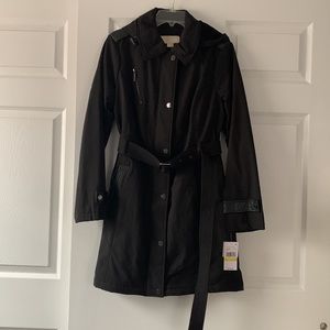 NWT MICHAEL Michael Kors Long Belted Hooded Jacket Black w/ Silver Hardware Med